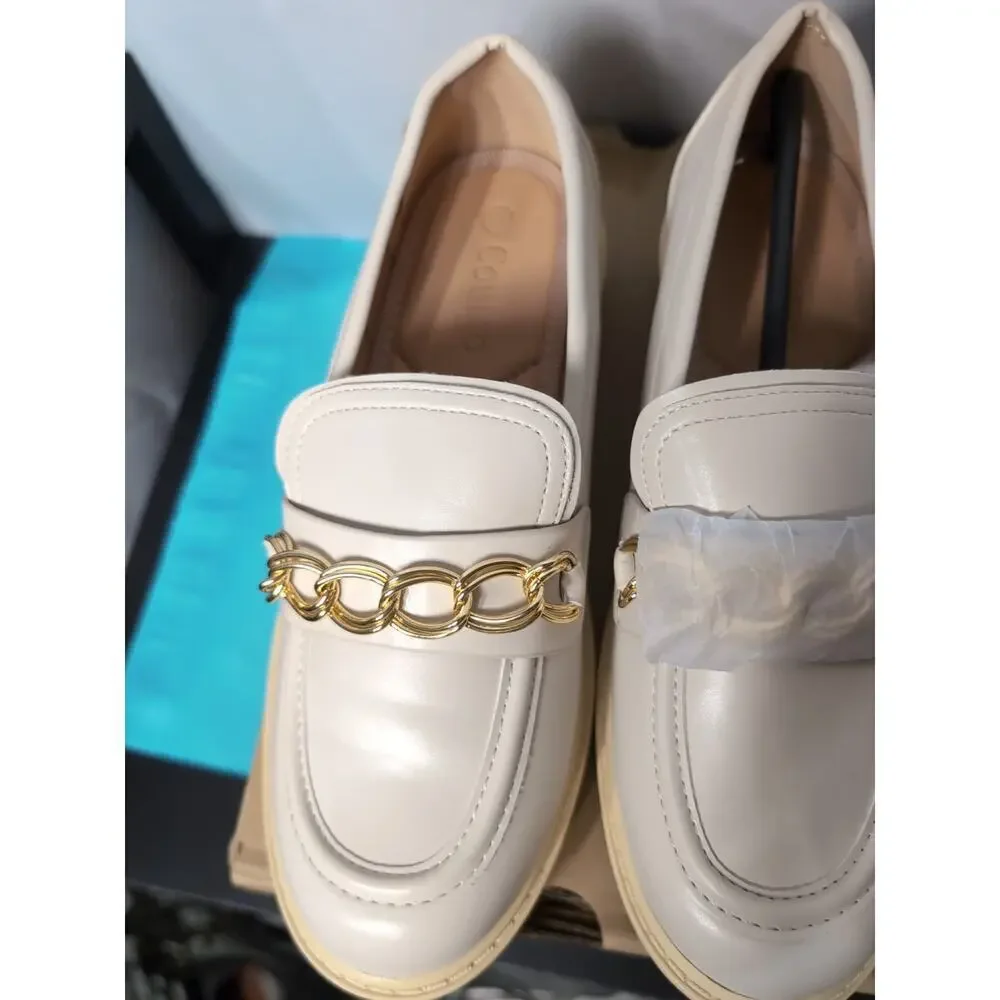 Coutgo Girls Platform Penny Loafers Chain Dress Shoes Beige Size 3